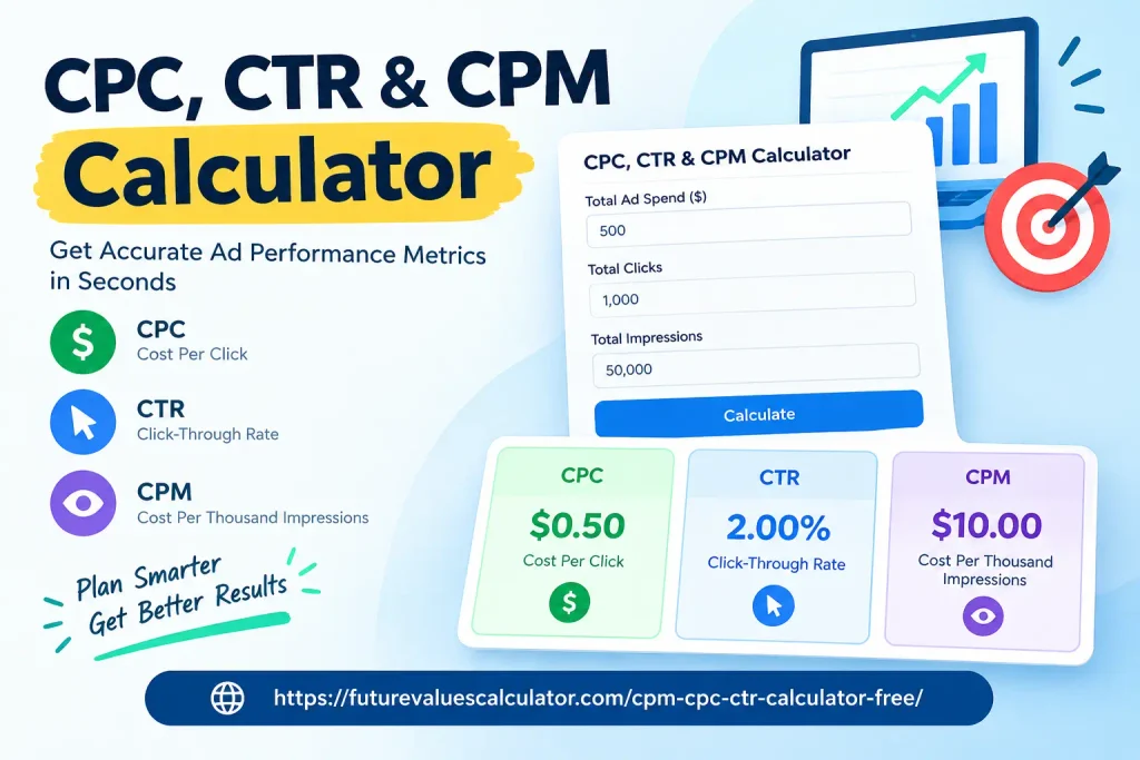 CPC, CTR and CPM Calculator showing ad spend, clicks, impressions, cost per click, click-through rate, and cost per thousand impressions.