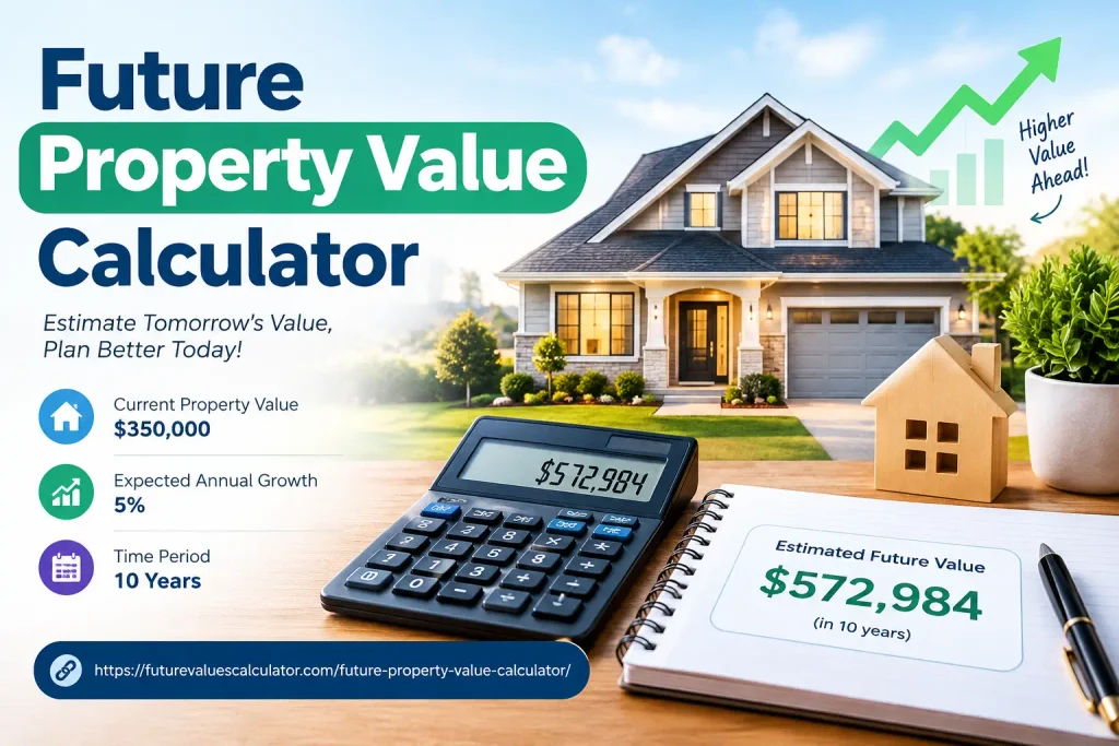 Future Property Value Calculator showing a $350,000 current property value, 5% annual growth rate, and an estimated future value of $572,984 after 10 years.